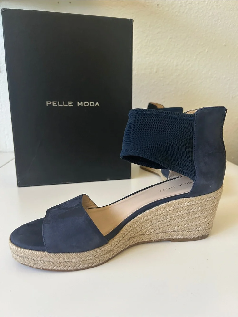 Pelle Moda Navy Espadrille Wedge Sandals with Ankle Cuff